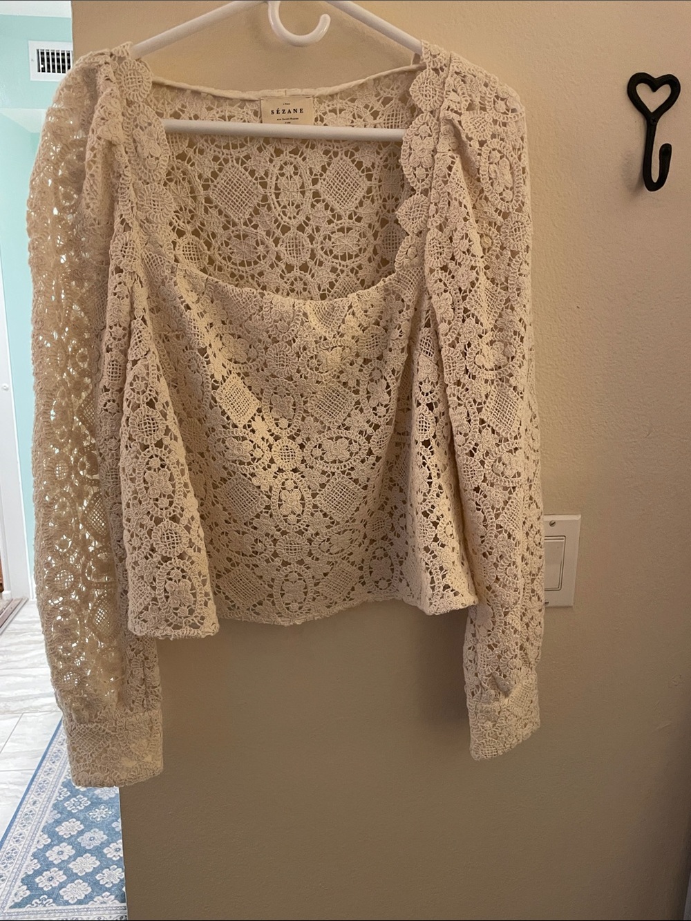 Sezane Ivory Crochet Lace Square-Neck Blouse